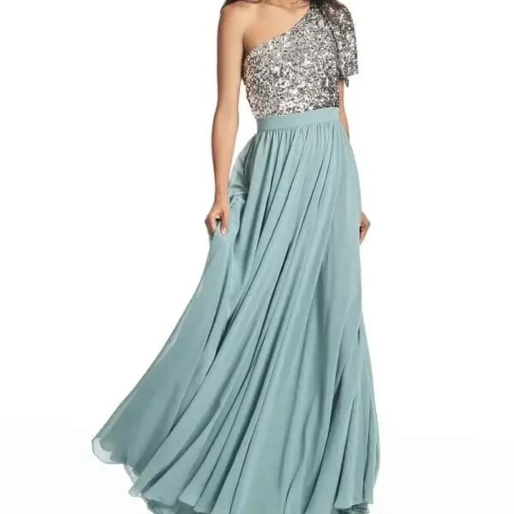 NEW Sachin + Babi Jolie Silver Steel Blue One-Shoulder Sequin Maxi Gown Size 4